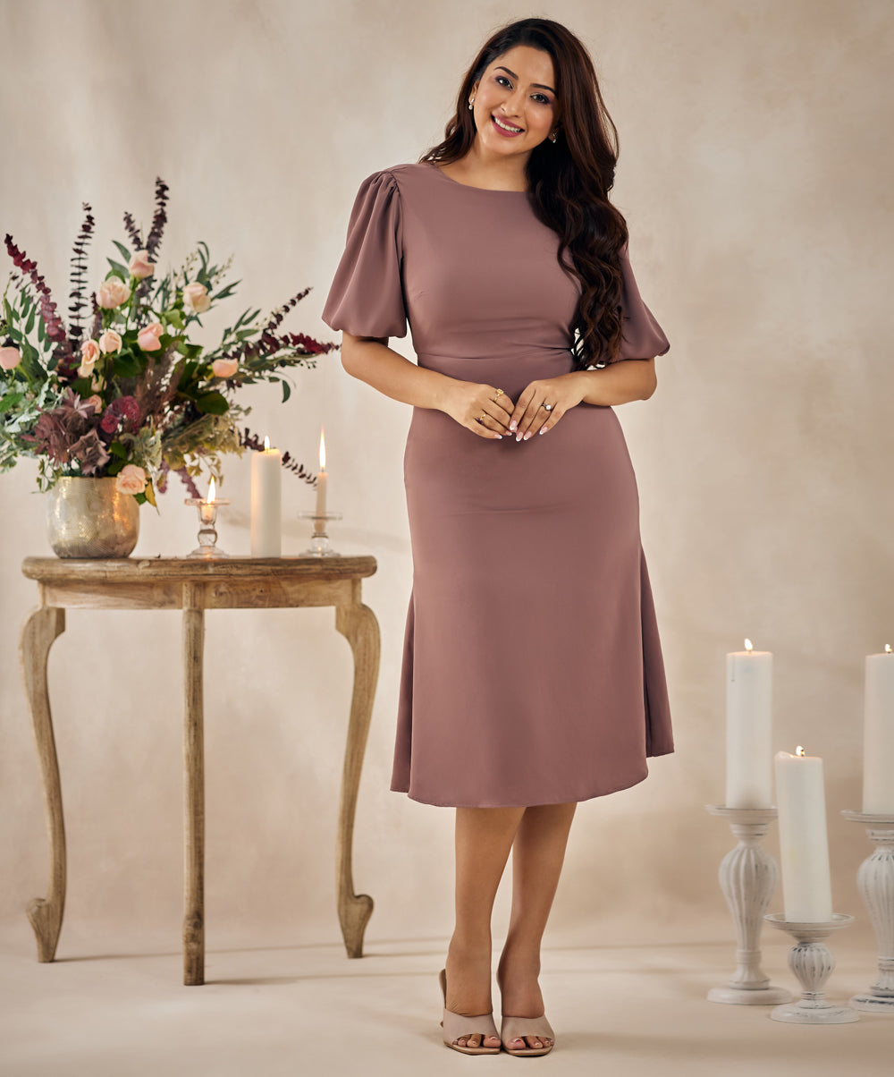 solid elegant puffed sleeve brown dress