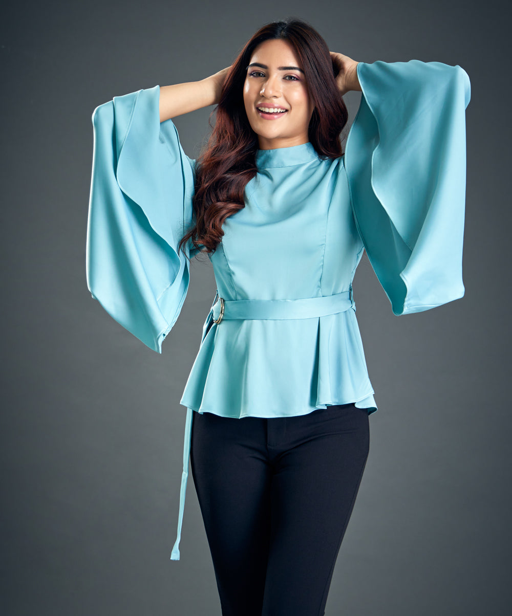 Trumpet Sleeve Light Blue Satin Blouse