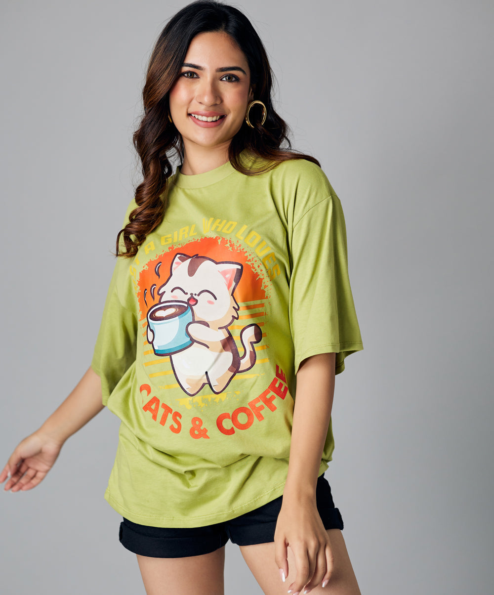 oversize green cats coffee tshirt