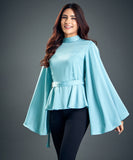 Trumpet Sleeve Light Blue Satin Blouse