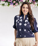 embroidered cotton casual blue top