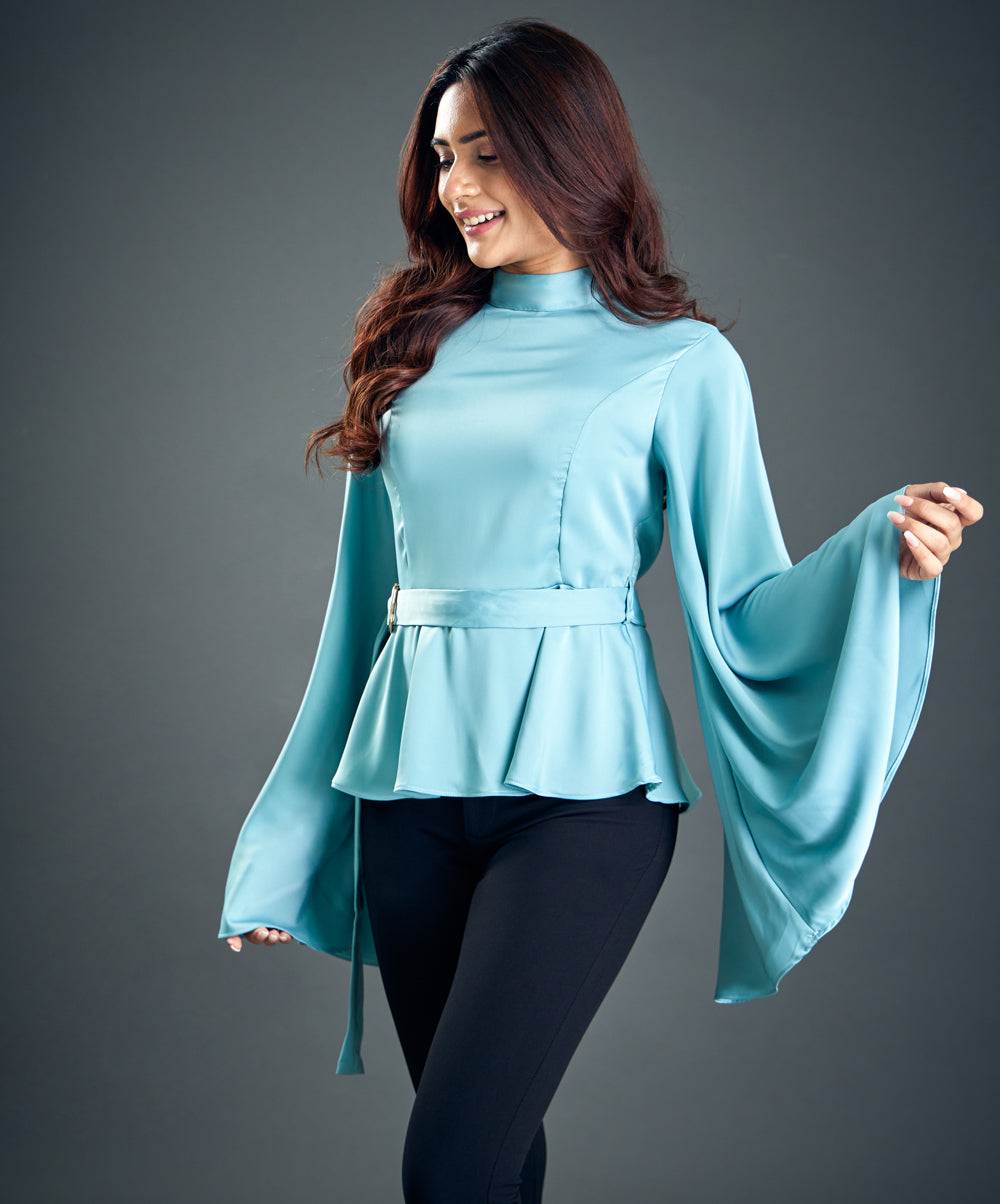 Trumpet Sleeve Light Blue Satin Blouse