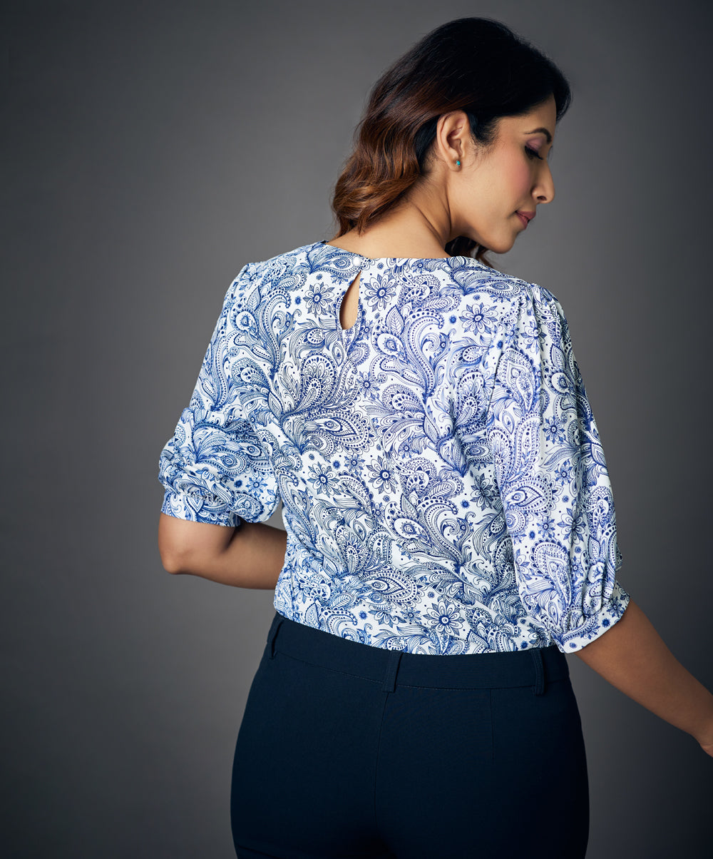 puff sleeve printed blue blouse