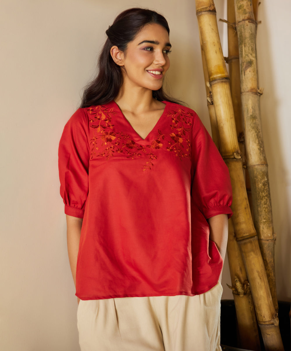 Embroidered Linen Vneck Half Kurtha Top