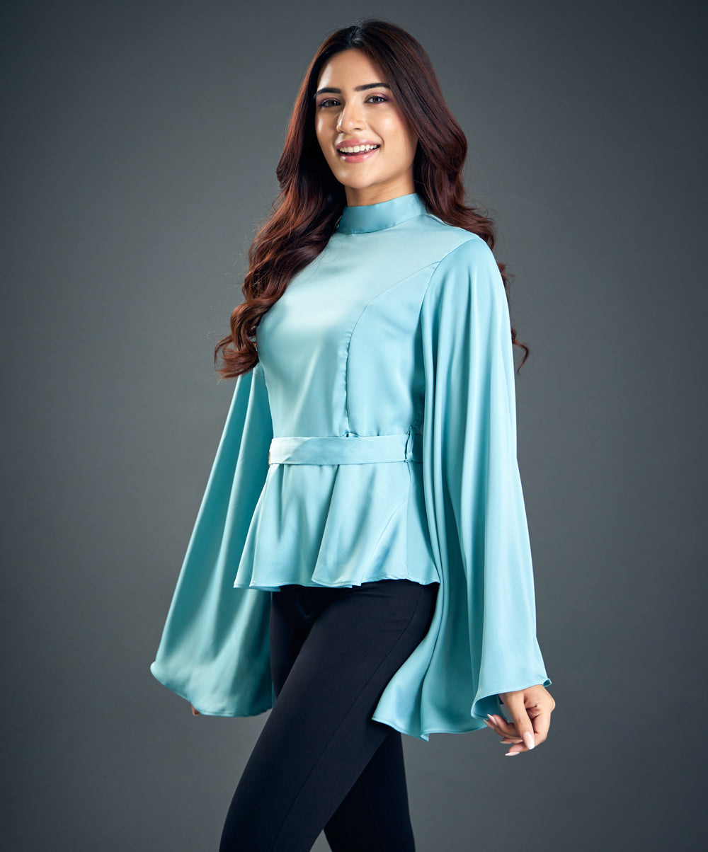 Trumpet Sleeve Light Blue Satin Blouse