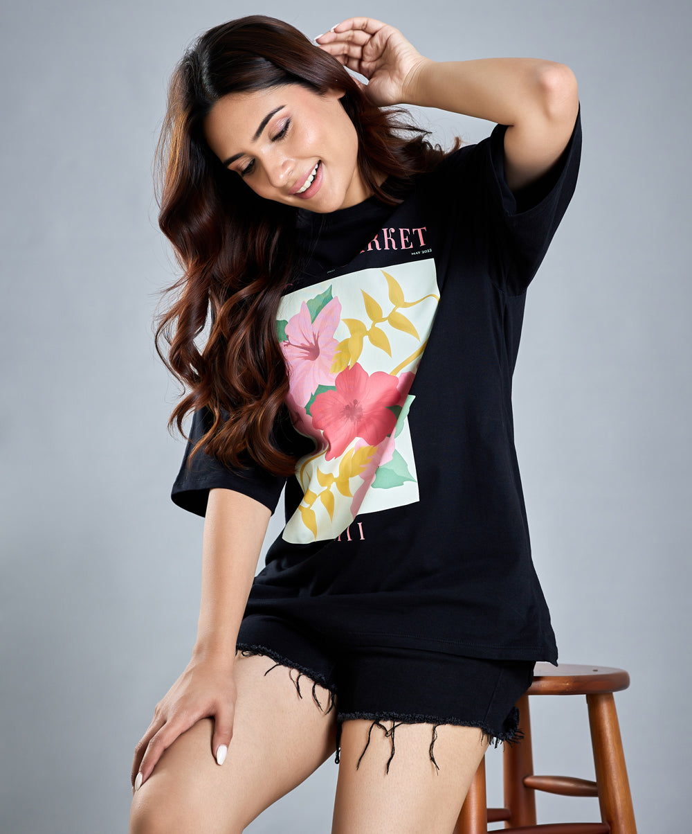 Oversize Black Floral Print T-Shirt