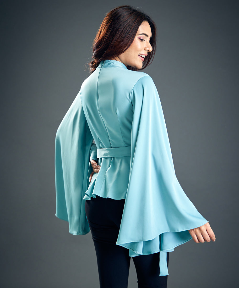 Trumpet Sleeve Light Blue Satin Blouse