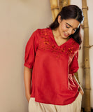 Embroidered Linen Vneck Half Kurtha Top