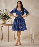 tiered back tie blue printed dress