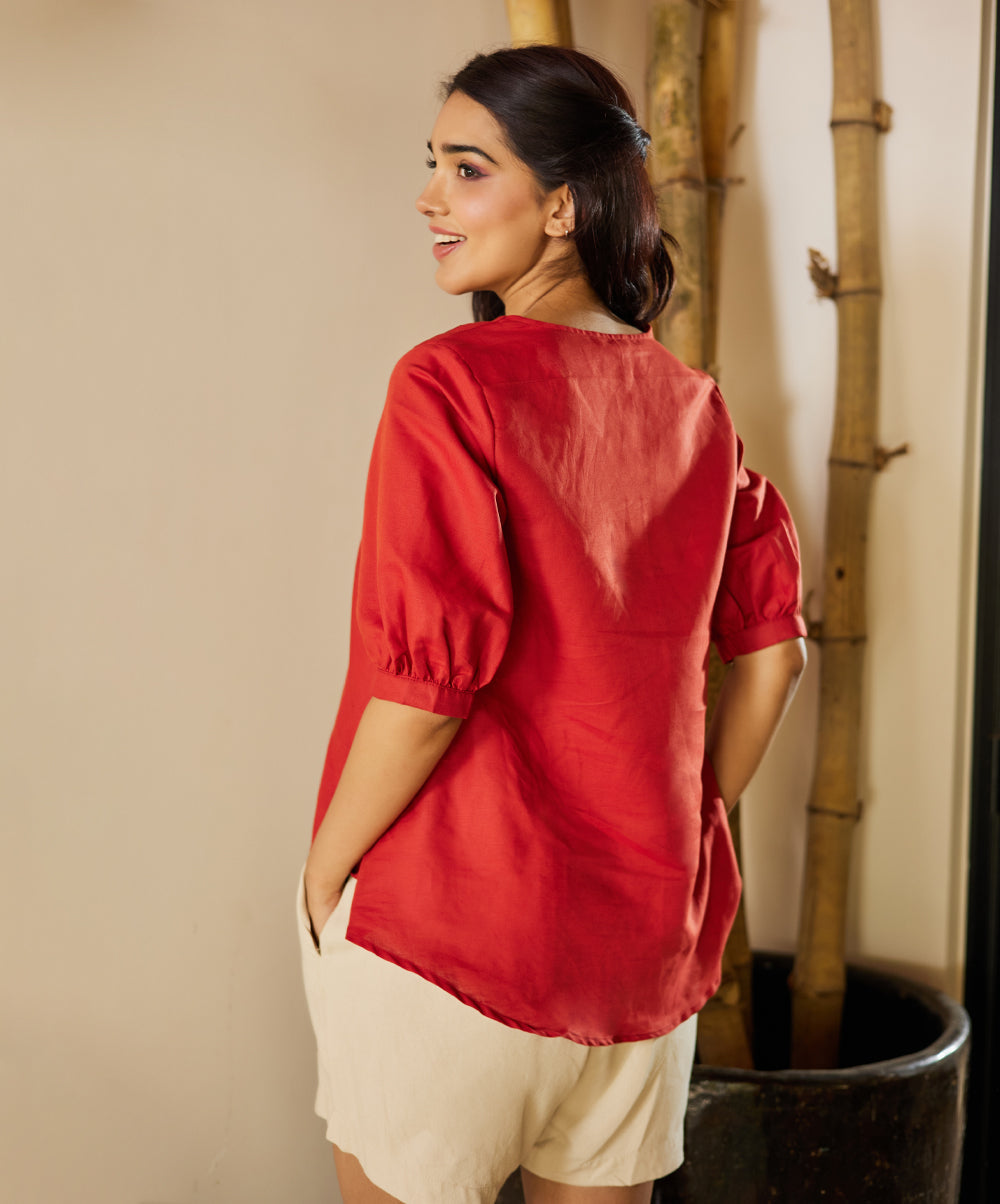 Embroidered Linen Vneck Half Kurtha Top