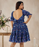 tiered back tie blue printed dress