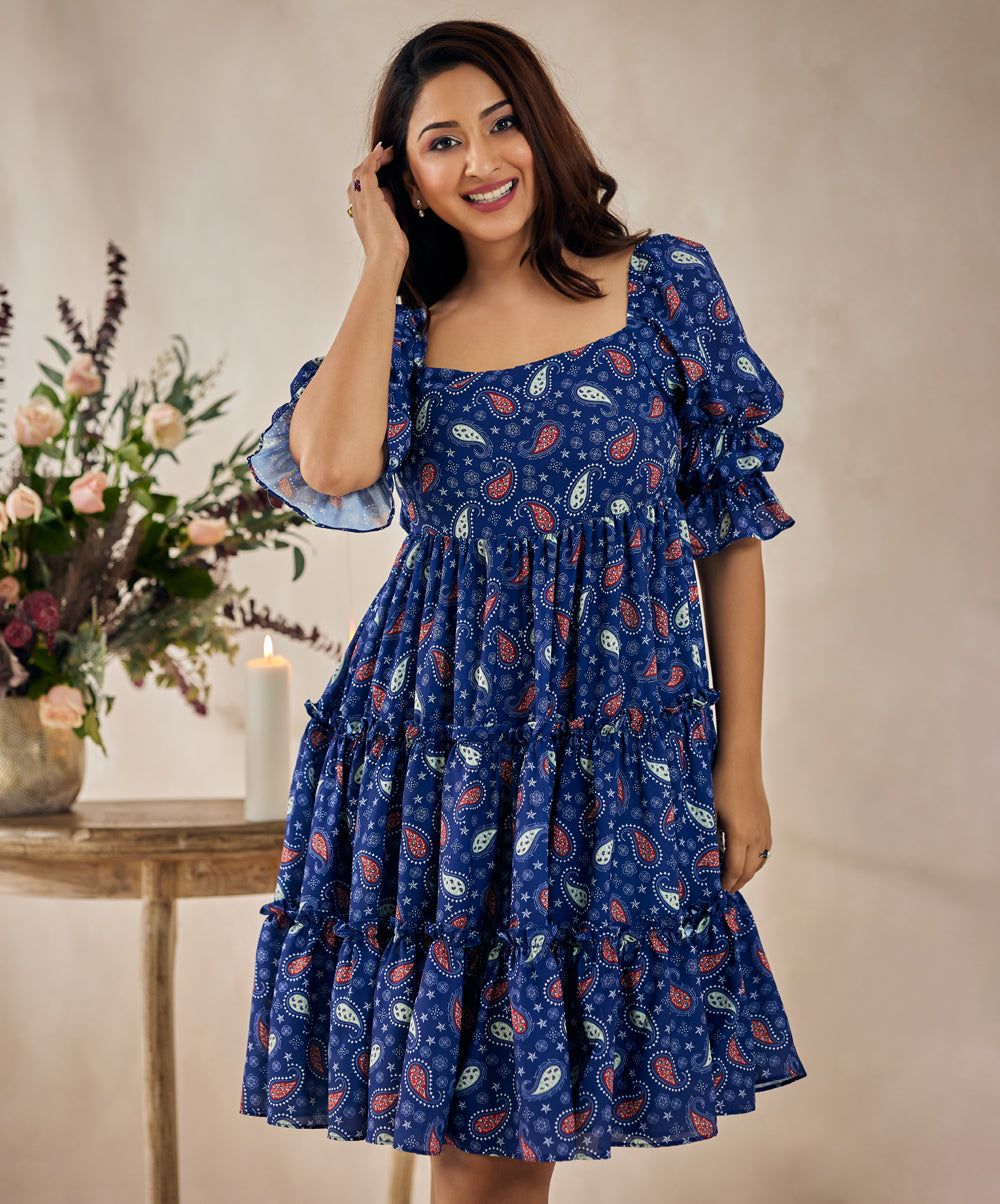 tiered back tie blue printed dress