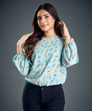 Leaf Print Lantern Sleeve Blouse