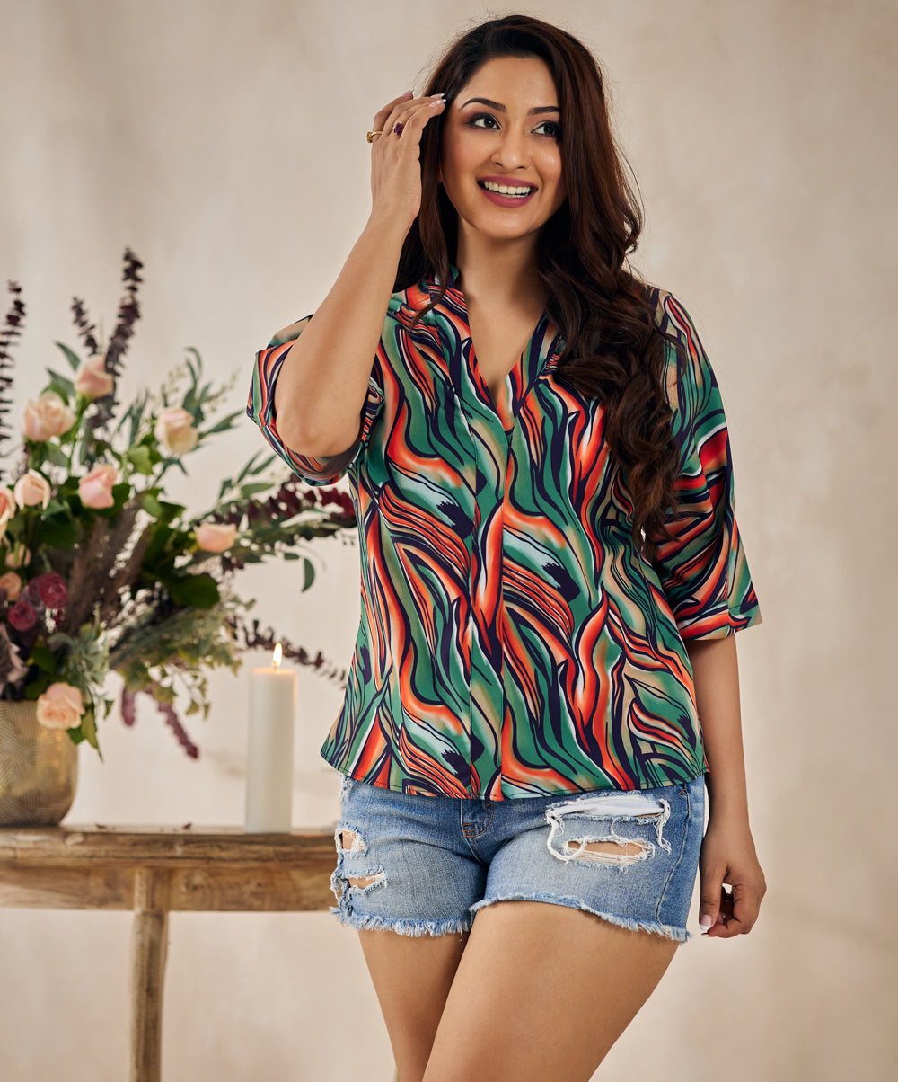 loose fitted green printed vneck top