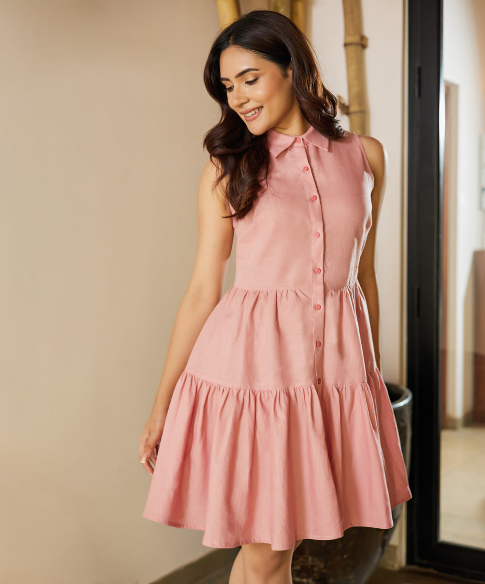 Sleeveless Collared Pink Shirt Dress