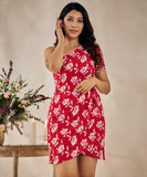 floral print one shoulder red dress