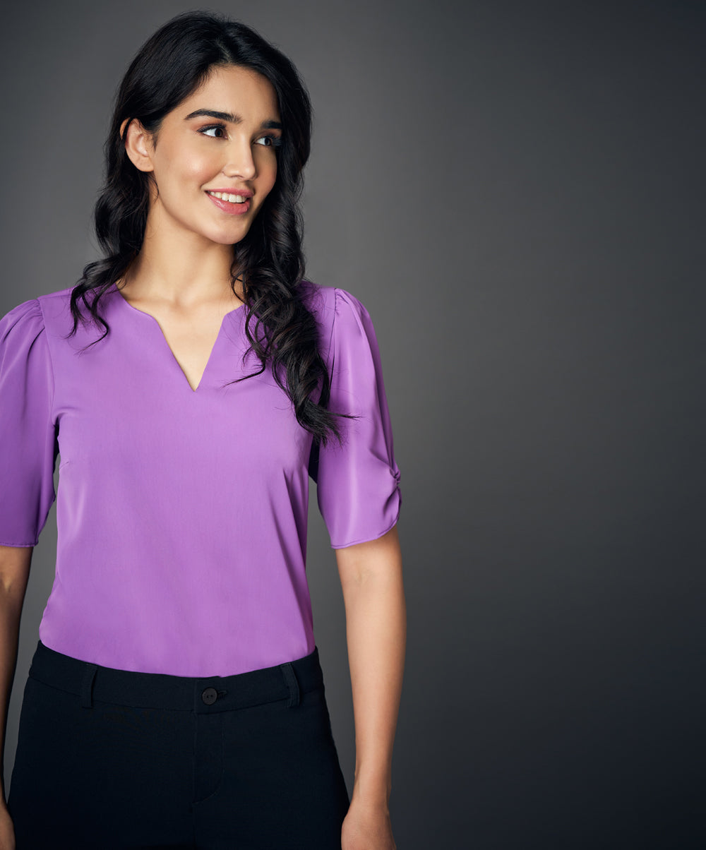 notched neck solid purple blouse