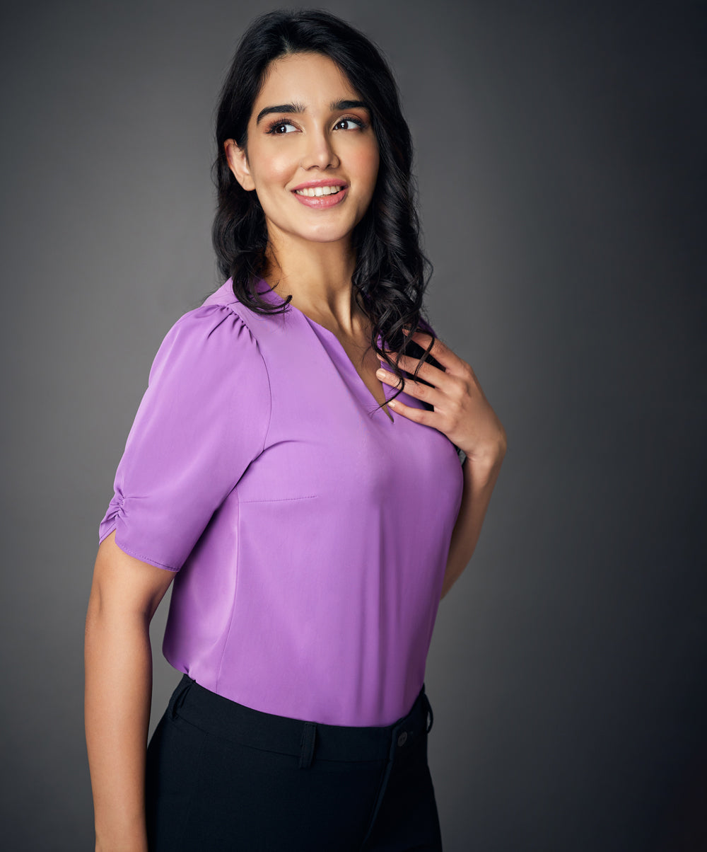 notched neck solid purple blouse