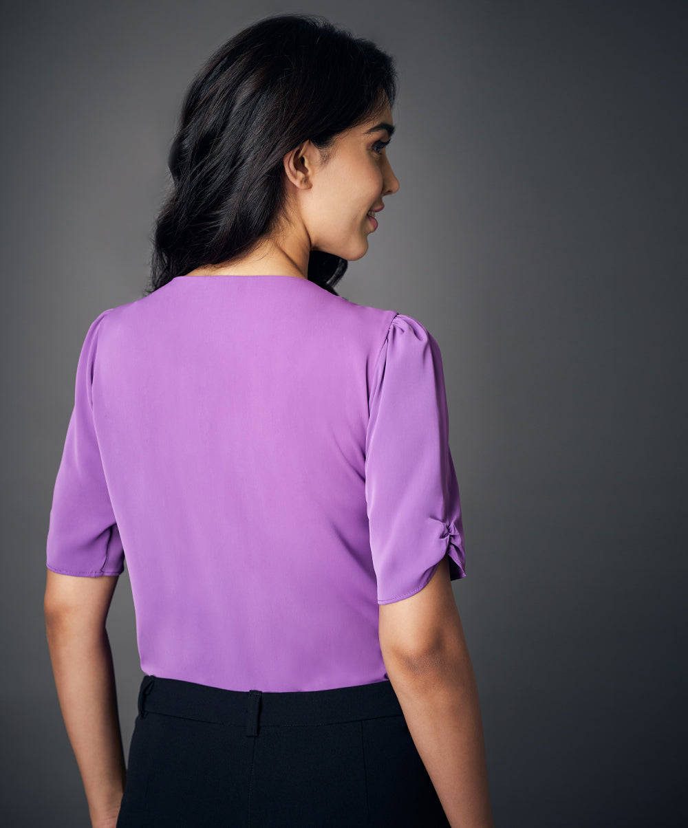 notched neck solid purple blouse