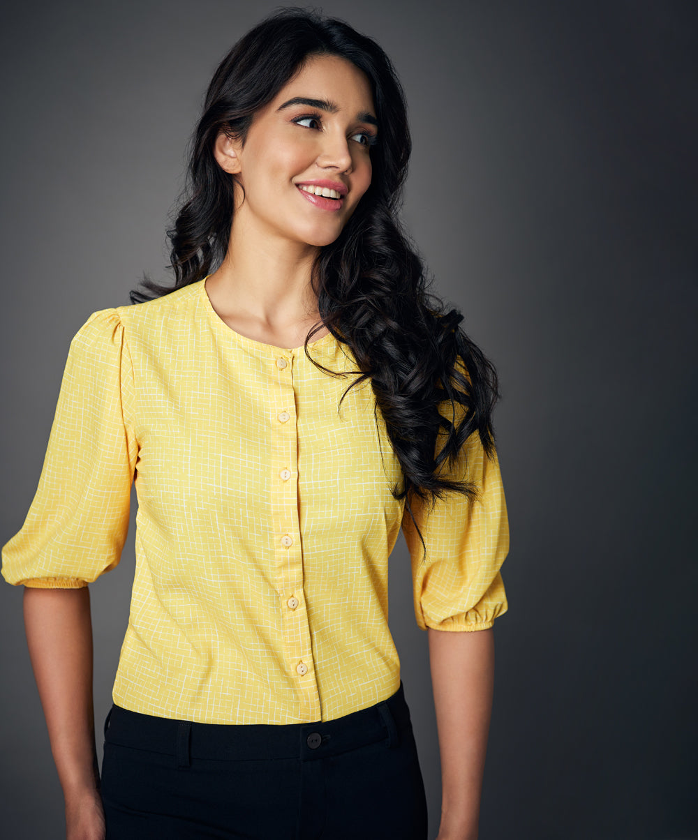 round neck lantern sleeve yellow blouse