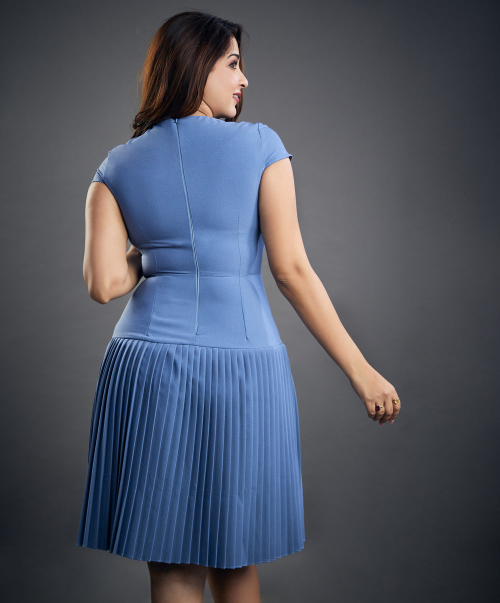 low waist pleated blue formal dress