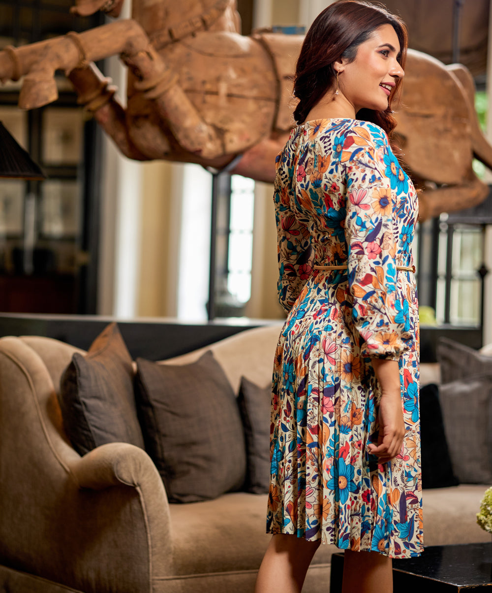 pleated long sleeve floral neck dress