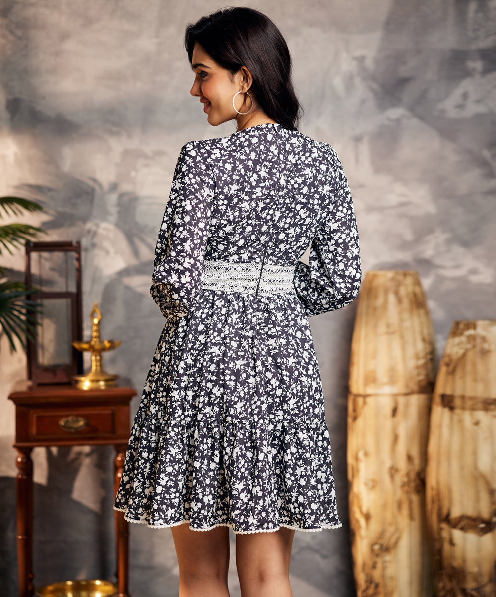 lantern sleeve lace trim floral dress