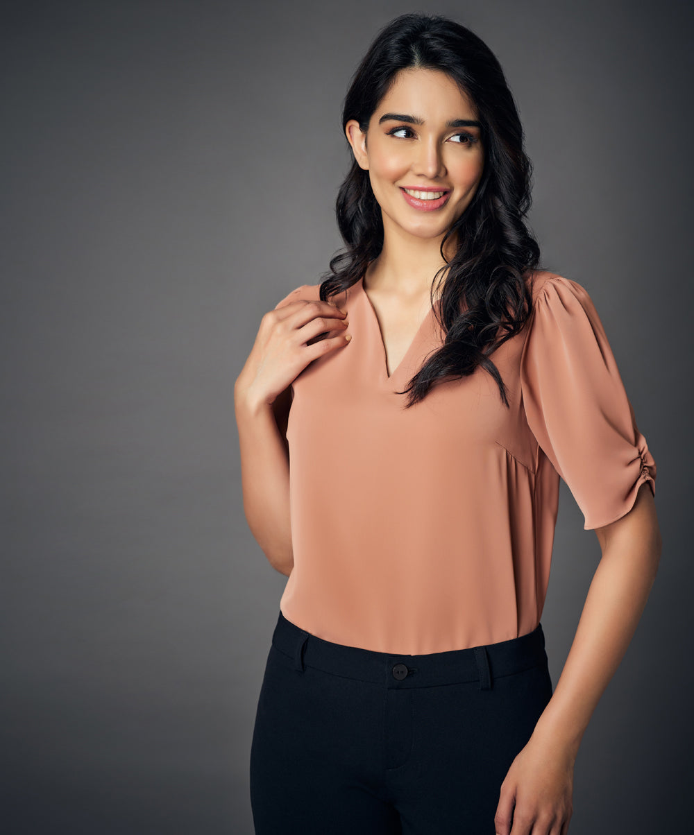 notched neck solid brown blouse