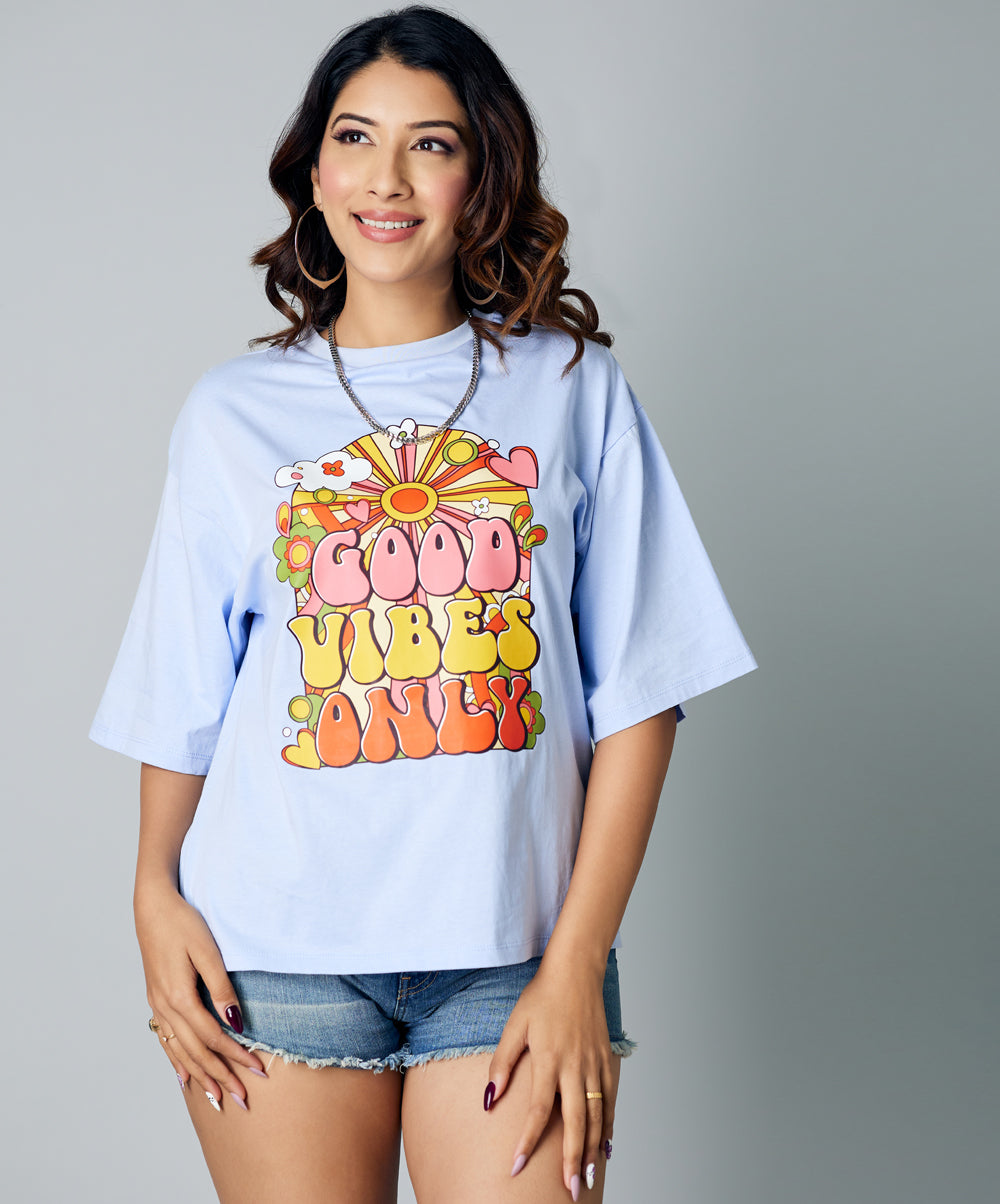 good vibes only oversize blue tshirt