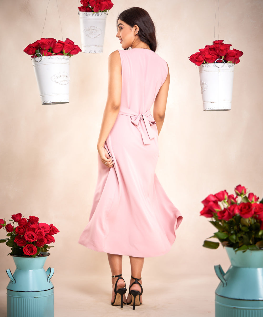 v neck detailed pink midi dress