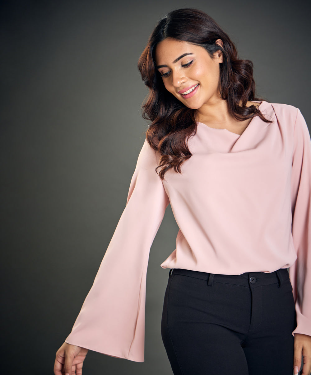 cowl neck long sleeve pink top