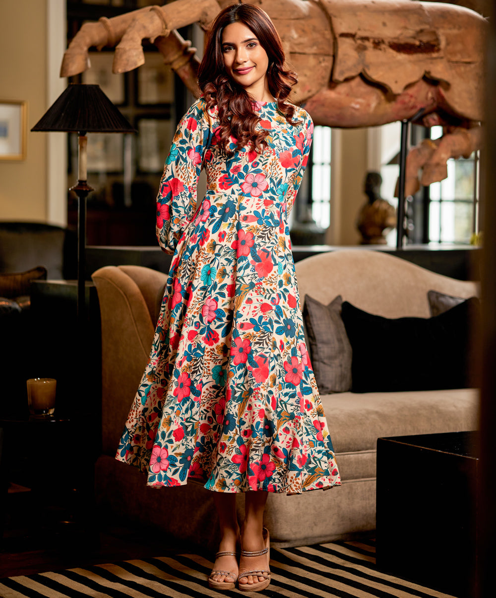 floral printed long sleeve midi dress