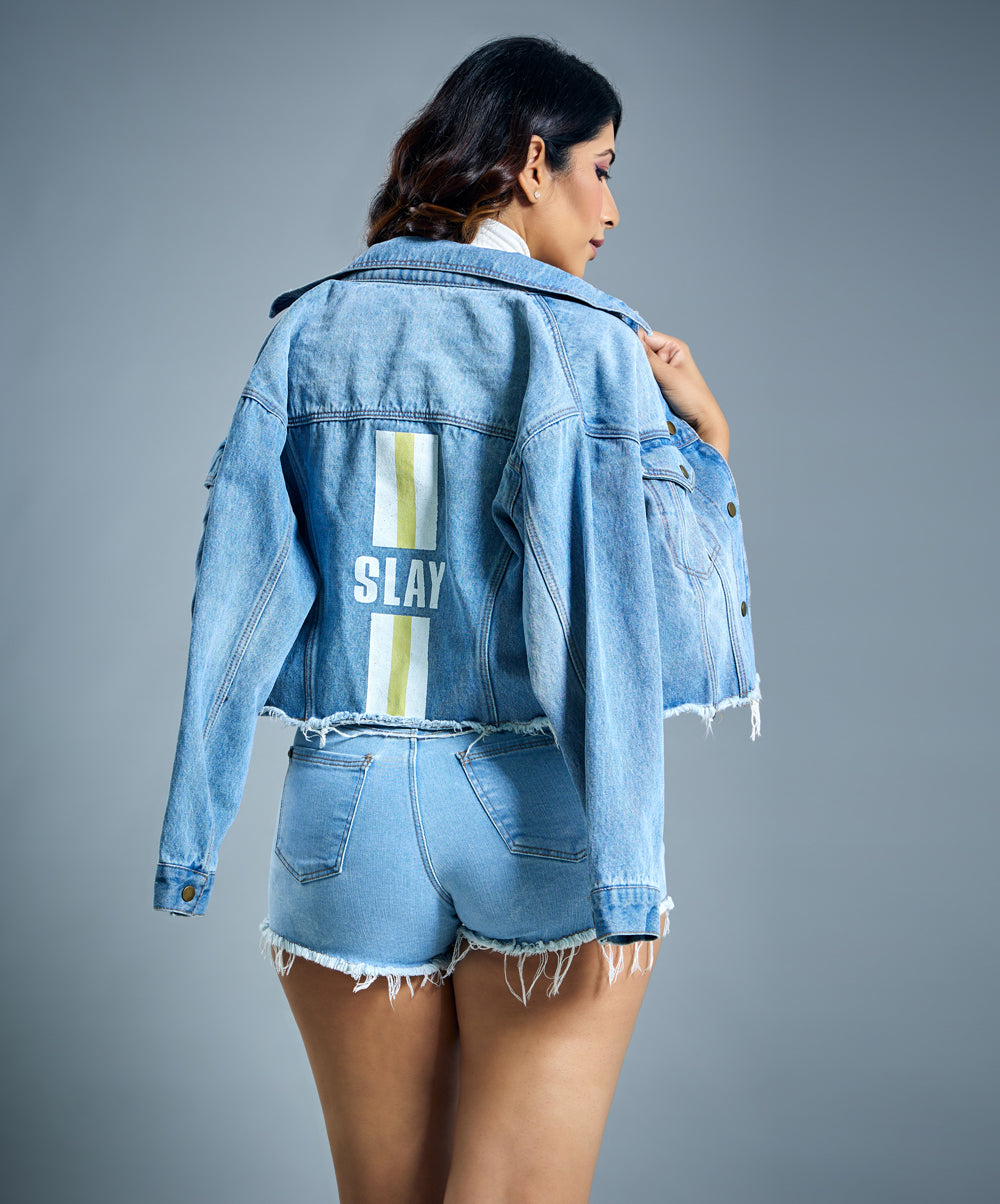 slay printed long sleeve denim jacket