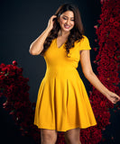 pleated vneck ponte yellow dress