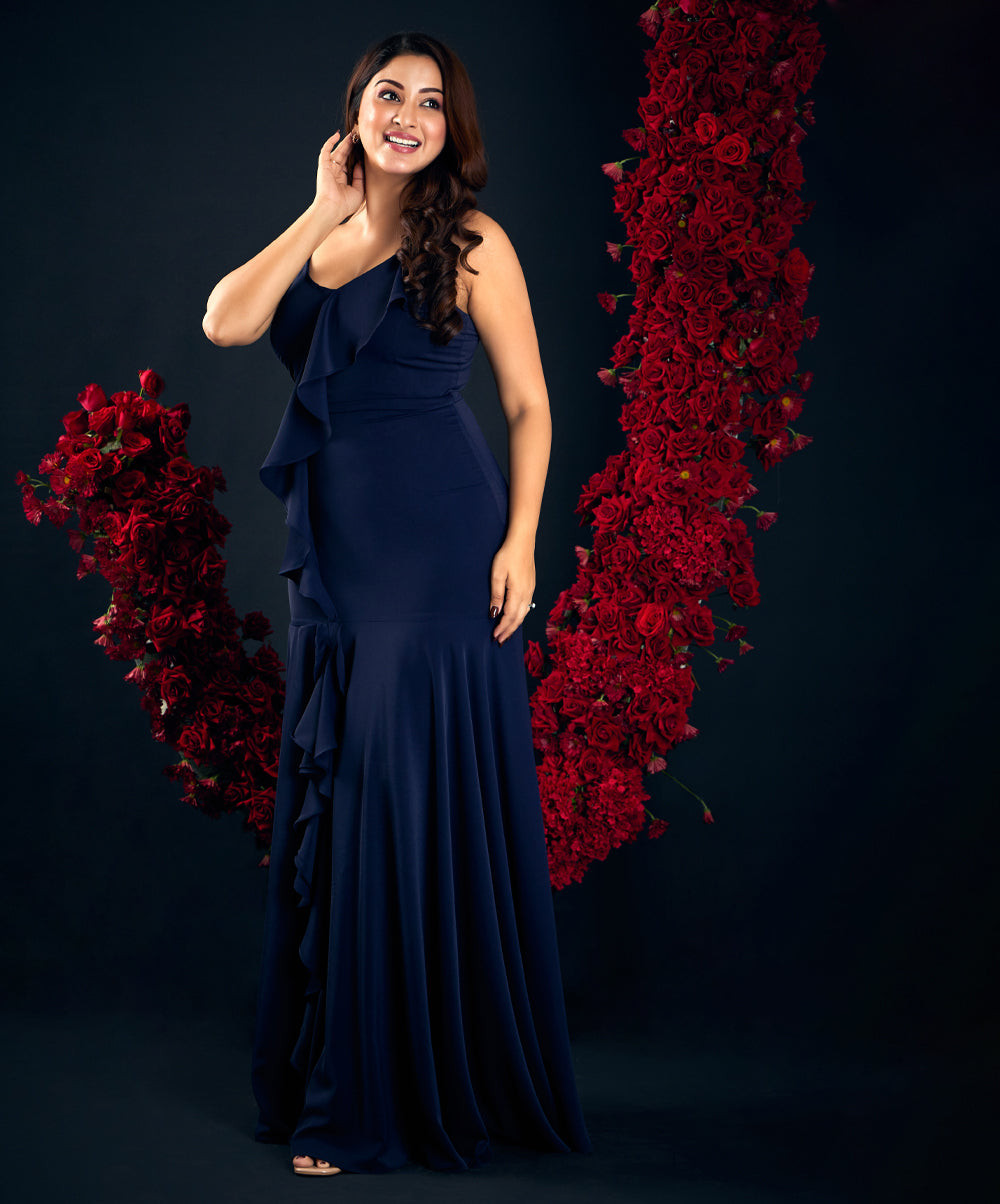 navy blue frilled maxi dress