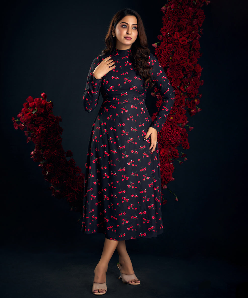 long sleeve printed midi chiffon dress 2