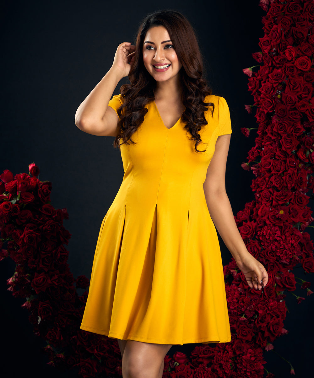 pleated vneck ponte yellow dress