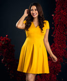 pleated vneck ponte yellow dress