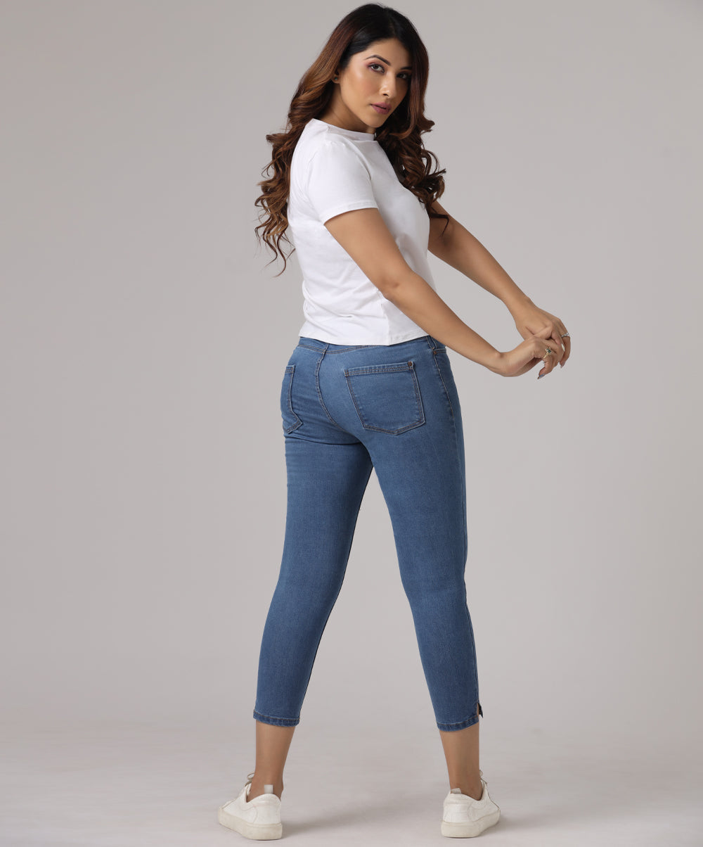Mid Waist Calf Length Slit Jean
